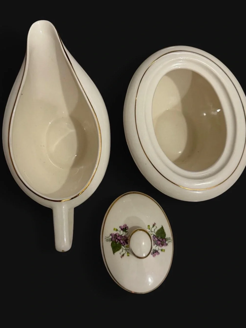 Vtg. Ceramic Sugar Bowl and Creamer Set - White with Purple Flowers